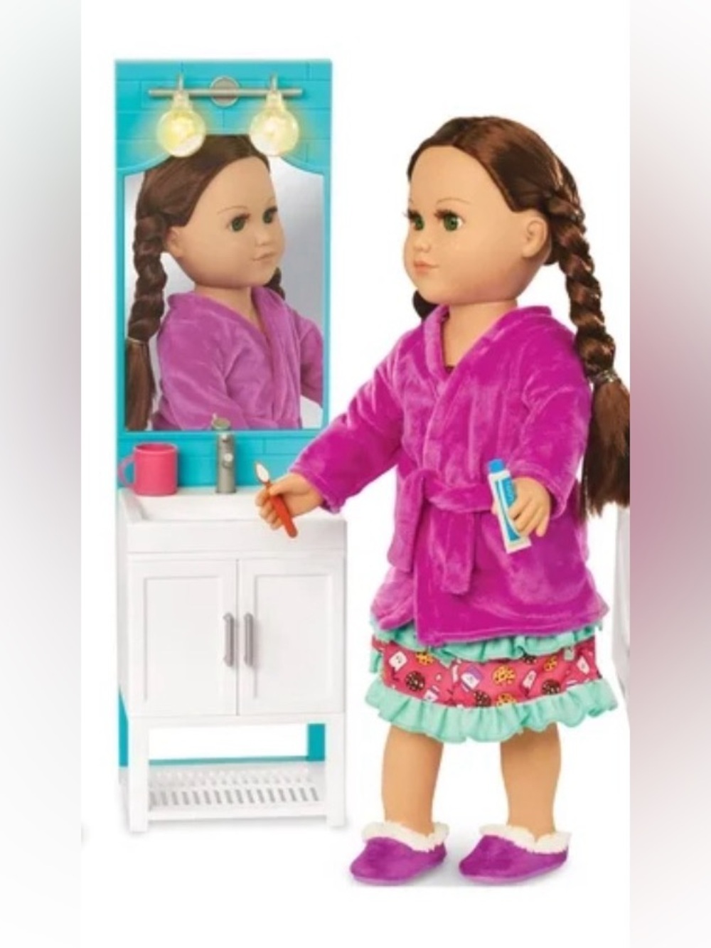 Light Up Vanity for Toy Bath - Turquoise & White (Doll not included)